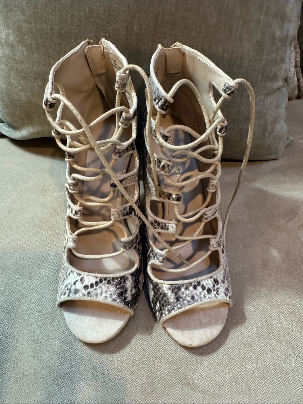 Obsession Rules Snake-Print Lace-Up Stiletto in Beige and Black